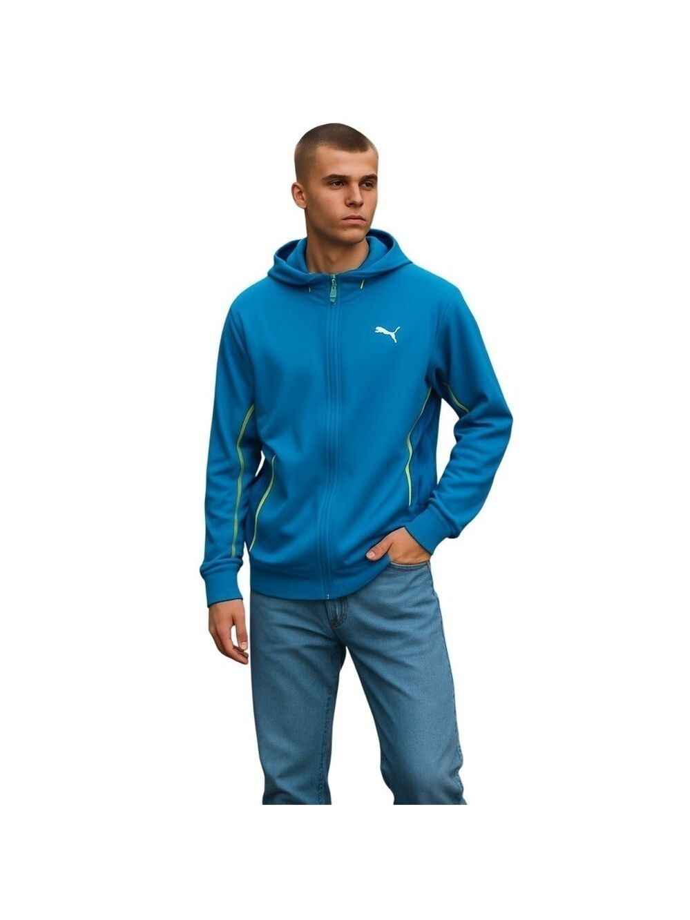 PUMA Dry Cell men’s hoodie jacket long sleeves zip  2 pockets blue green size L